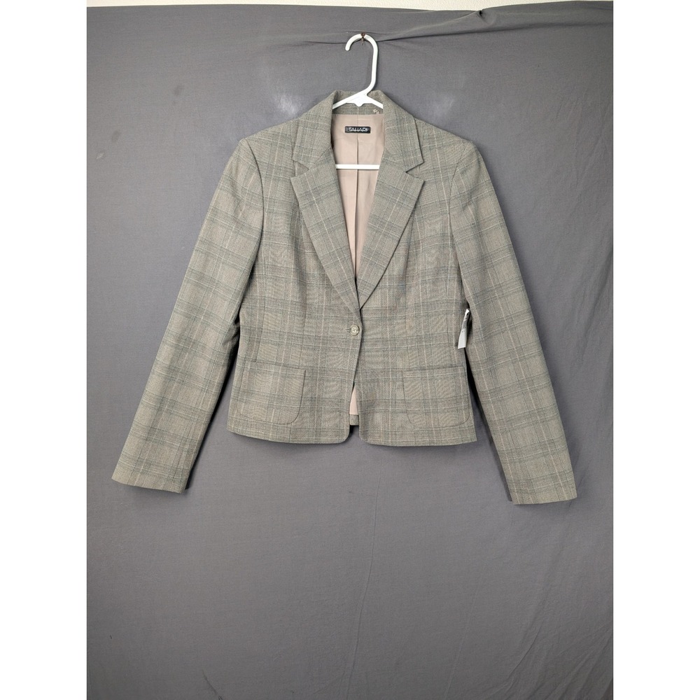 Tahari Womens Plaid Blazer Jacket Gray Blue Single Button Career Professional 10